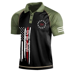 Detail of We the People and 1776 print on olive green and black polo shirt for men