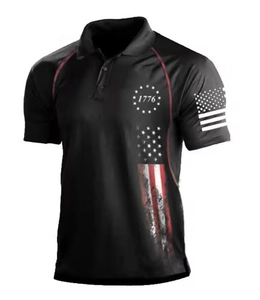 Detail of 1776 American flag print and red piping on black men's polo shirt