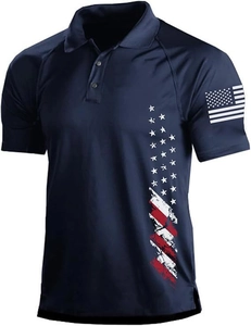 Detail showing the American flag print on sleeve and chest of navy blue men's polo shirt