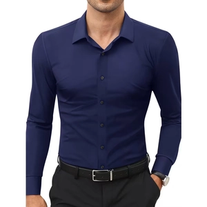 Men's slim fit navy blue stretch dress shirt with long sleeves for formal business wear