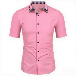 Men's slim fit pink short sleeve shirt with navy blue plaid collar and black buttons