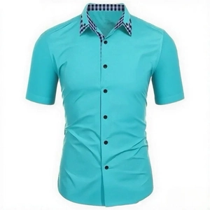 Men's turquoise short sleeve shirt with blue checkered collar and slim fit tailoring