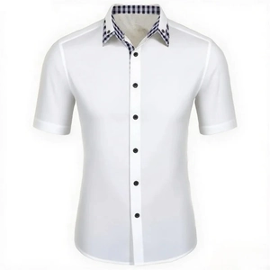 Men's Fashion Short Sleeve Plaid Collar Shirt Business Casual Slim Fit Polyester Breathable Summer Button Down Top For Men