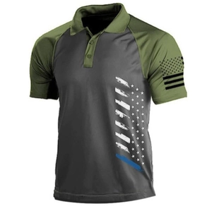 Men's tactical camouflage polo shirt with US flag print in olive green and dark grey