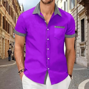 Men's purple short sleeve shirt featuring houndstooth trim and stylish chest pocket