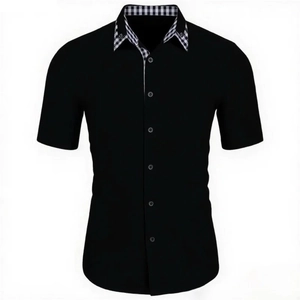 Men's summer short sleeve black shirt with stylish plaid collar and slim fit design