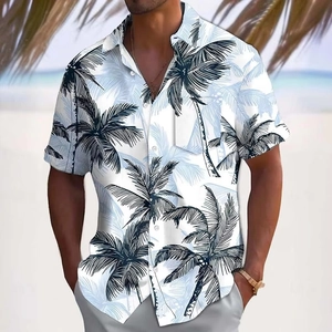 Detailed view of lightweight men's summer shirt with blue palm tree print and lapel