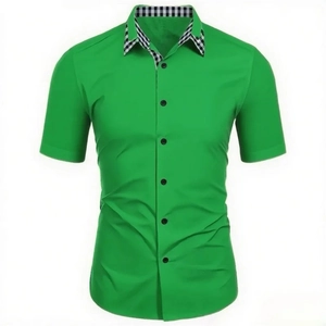 Detail of the bright green shirt collar with black and white plaid inner lining