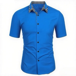 Detail of blue men's short sleeve shirt showing checkered collar lining and black buttons