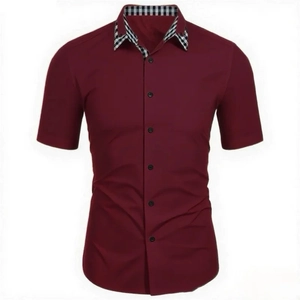 Detail of burgundy slim fit shirt showing dual-layer collar with black and white plaid inner