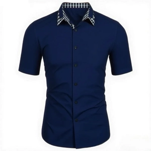 Detail of navy blue short sleeve shirt with plaid collar lining and button-up front