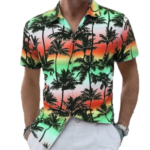 Men's Hawaiian shirt with tropical sunset gradient and coconut tree silhouette design
