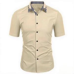 Detailed view of dual-layer collar with blue plaid lining on men khaki short sleeve shirt