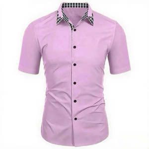 Detail of light purple men's short sleeve shirt showing checkered collar and black buttons