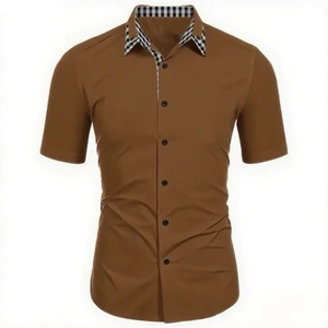 Close-up of men's brown short sleeve shirt featuring a stylish plaid拼接 collar detail