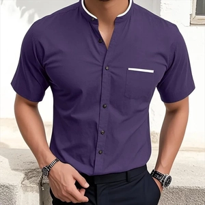 Men's minimalist purple short sleeve shirt with stand collar and white contrast piping detail