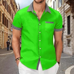 Detail of neon green shirt with houndstitch collar and pocket edging for men