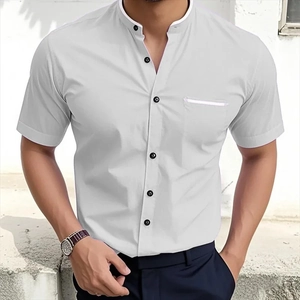 Detail of light grey men's slim-fit shirt with mandarin collar and black buttons