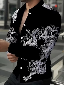 Men's slim long sleeve black shirt featuring a bold white dragon print design