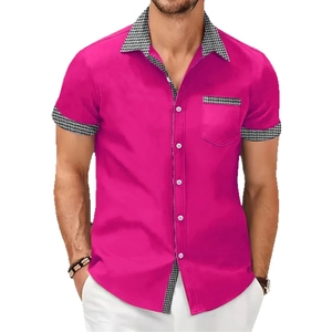 Men's bright pink short sleeve casual shirt with stylish houndstooth pattern stitching