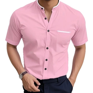 Men's minimalist pink short-sleeved shirt with stand collar and contrast black buttons