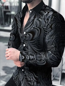 Men's slim fit long sleeve shirt with grey abstract swirl print and black collar