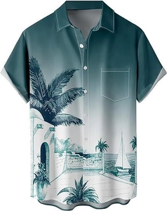 Détail d'une chemise hawaïenne dégradée pour hommes avec imprimé palmier et voilier