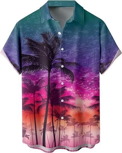 Détails de la chemise hawaïenne avec motif de palmiers au coucher du soleil et dégradé