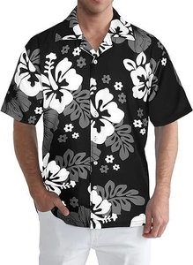 Détail de la chemise hawaïenne noire avec imprimés d'hibiscus blancs et col cubain classique