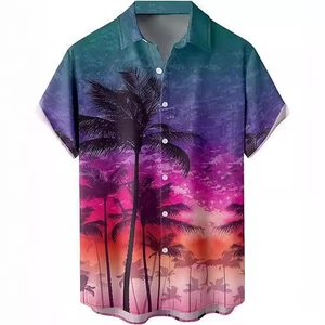 Chemise hawaïenne pour hommes avec dégradé de coucher de soleil tropical et palmiers