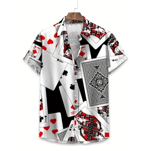 Close-up of playing card graphic print on men's short sleeve shirt in black and white