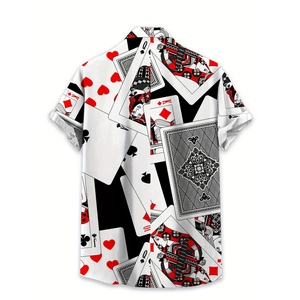 Detail view of playing card print on men's short sleeve shirt showing red and black suits