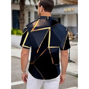 Rear view of men's short sleeve shirt with gold geometric patterns on dark blue fabric