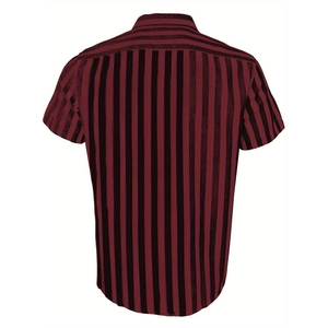 Detail view of the back of a men's short sleeve shirt with burgundy and dark vertical stripes