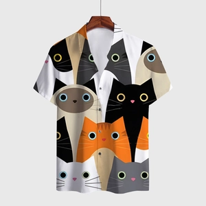 Men's casual short sleeve shirt featuring colorful 3D digital cat print and button-down collar