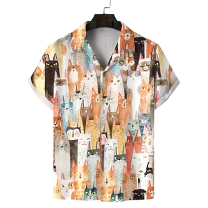 Detailed view of casual short sleeve shirt featuring fun cartoon cat patterns on white