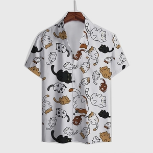 Men's casual white short-sleeve shirt featuring vibrant cartoon cat prints and dark buttons