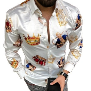 Men's Luxury Baroque Crown Print Long Sleeve Satin Shirt Casual Button Down Collar Top