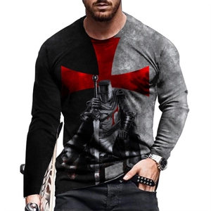 Men Casual Long Sleeve Round Neck T-Shirt 3D Digital Medieval Knight Print Loose Streetwear Punk Graphic Tee Autumn Top