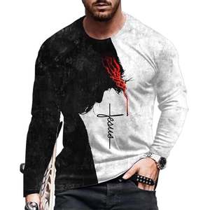 Men's long sleeve T-shirt with black and white Jesus print and vertical cross graphic