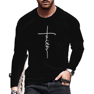 Detail of crew neck long sleeve tee showing faith cross print on black cotton fabric