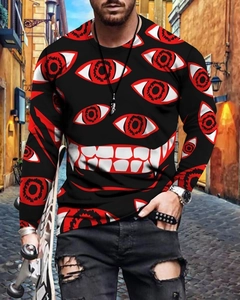 Close-up of 3D digital horror print with stylized red eyes on men's long sleeve T-shirt
