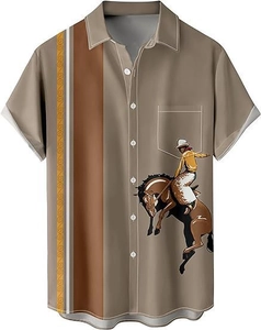 Detail of men's short sleeve shirt with vintage stripes and cowboy riding horse print