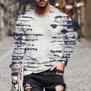Men's casual long sleeve t-shirt with abstract blue ink stripe print on white fabric
