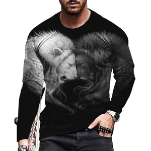 Detail of the high-quality 3D twin lions print on a black long-sleeve crewneck t-shirt