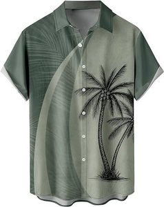 Detail of the tropical palm tree and coconut leaf print on the short sleeve shirt