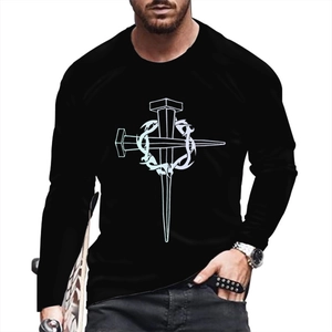 Men's black long sleeve T-shirt with 3D religious cross and crown of thorns print
