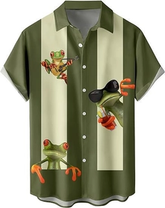 Detailed view of the olive green vertical stripes and cartoon frog print on the shirt