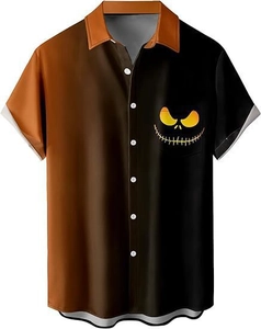 Detail of Halloween men's shirt showing the orange and black contrast with a skull pocket print