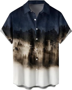 Detail of artistic misty forest digital print on a men's Cuban collar short sleeve shirt